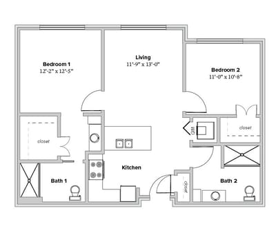 Architectural floor plan of a two-bedroom apartment