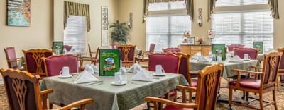 Dining area set for meals with decorative table settings