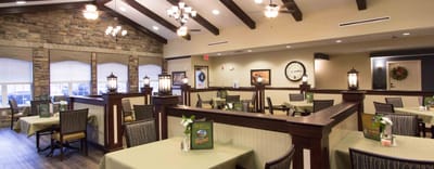 Bright dining room with tables and decor