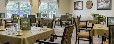 Bright dining area with tables set for meals