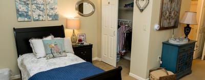 Cozy resident bedroom with decor and storage