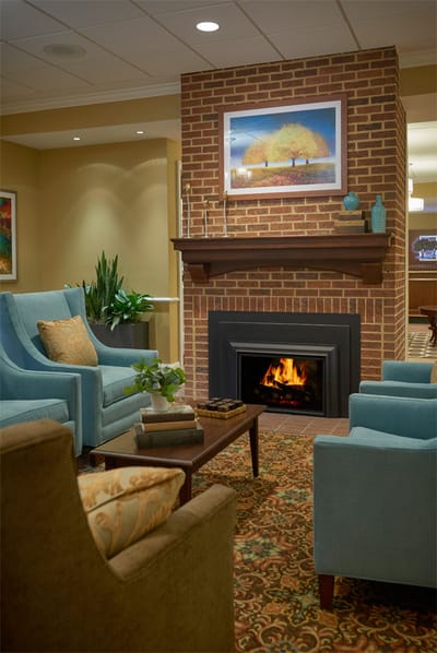 Cozy common area with fireplace and seating