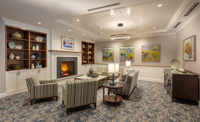 Cozy common area with seating and fireplace
