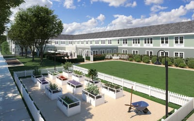Garden area with raised planters at Anthology of Millis