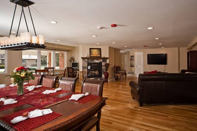Interior dining area with a view and cozy seating