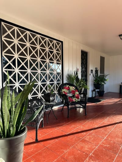 Entrance area with decorative plants and seating