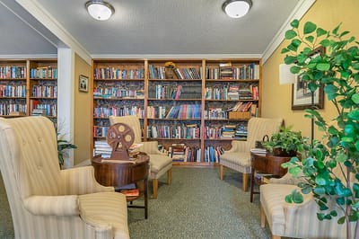 Cozy reading area with bookshelves and seating