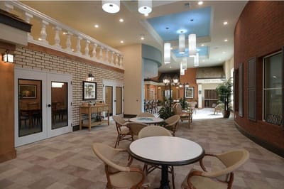 Bright common area with seating and decor