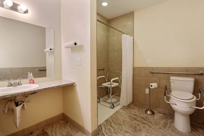 Accessible bathroom with grab bars and shower chair