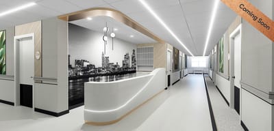 Interior view of a modern nursing home corridor