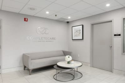 Modern lobby area with seating and decor