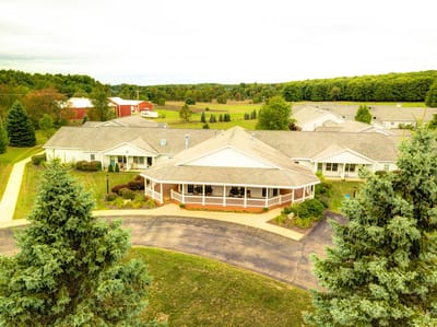 Aerial view of Curry House facility with landscaping