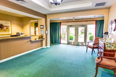 Bright and welcoming lobby area with a reception desk