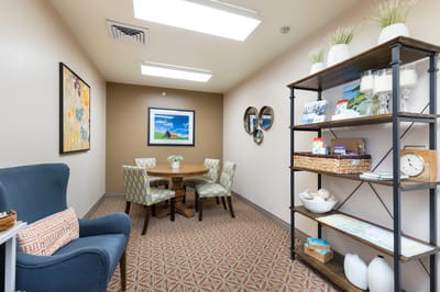 Bright common area with seating and decor