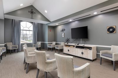 Bright interior common area with seating