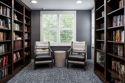 Cozy reading nook with bookshelves and chairs