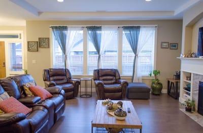 Cozy living room with comfortable seating and natural light