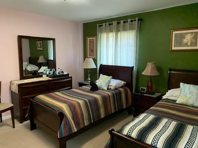 Well-furnished bedroom with two beds and natural light