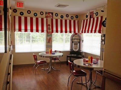 Interior view of a retro-themed activity room