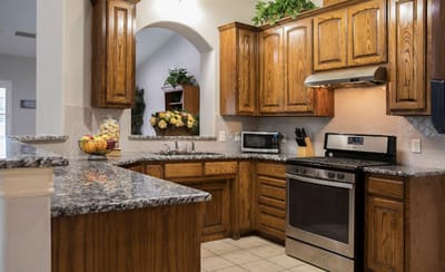 Warm and inviting kitchen space with wooden cabinets