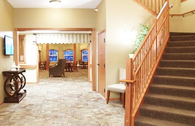 Interior view of a common area with stairs