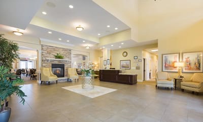 Bright and inviting lobby area with seating and decor