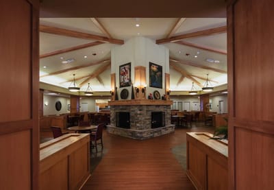 Interior view of a common area with fireplace