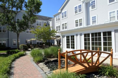 A peaceful outdoor garden area with a wooden bridge