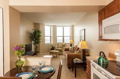 Bright, spacious living area in a resident unit