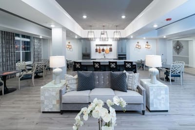 Bright and modern common area with seating and decor