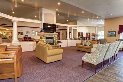 Interior common area with seating and fireplace