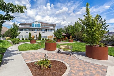 Beautiful landscaped outdoor space with walking paths