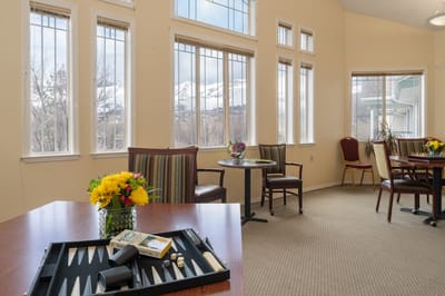 Interior common area with seating and mountain view