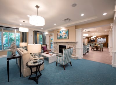 Bright common area with seating and decor