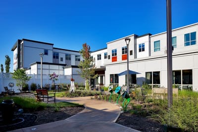 Beautiful outdoor garden area with seating and pathways