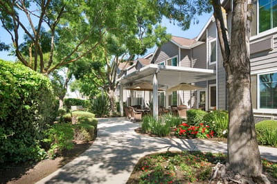 Beautiful outdoor area with seating and landscaping