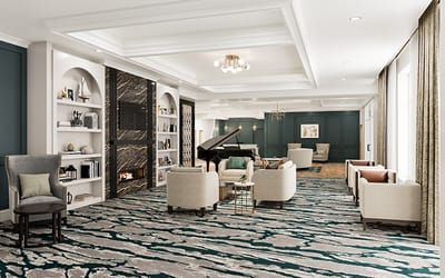 Bright and modern common area with piano