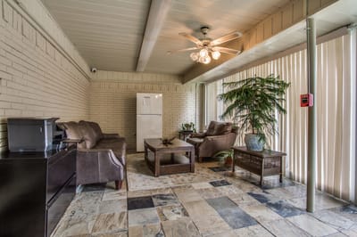 Bright common area with seating and plants