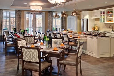 Bright dining room with tables set for lunch