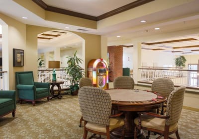 Common area with seating and a jukebox
