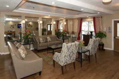 Cozy lounge area with comfortable seating and plants