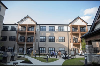 Residents and staff gathered outside the facility