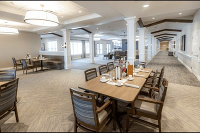 Interior view of a dining area with tables