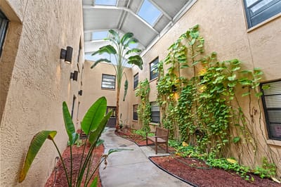 Indoor garden area with plants and seating