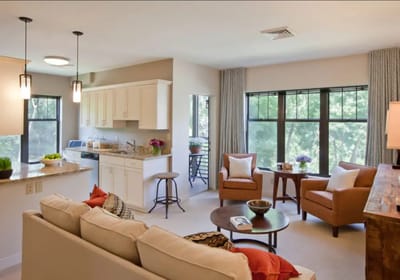 Bright interior of a resident apartment with a living area and kitchen