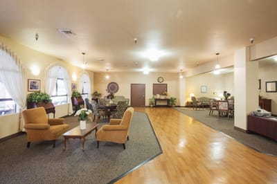 Common area with seating and decoration.