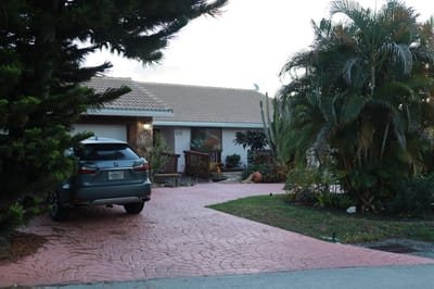 Exterior view of a house surrounded by greenery