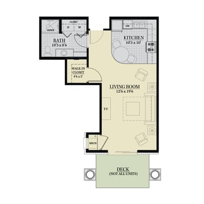 Floor plan of a resident unit showing kitchen and living room