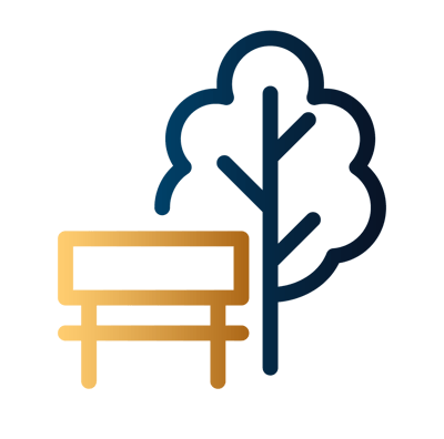 Stylized logo featuring a bench and tree