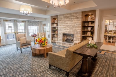 Bright common area with seating and decor